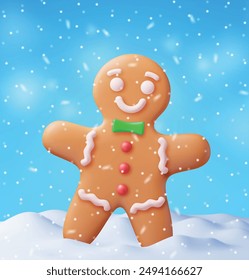 3D Holiday Gingerbread Man Cookie in Snow. Render Cookie in Winter Landscape. Happy New Year Decoration. Merry Christmas Holiday. New Year and Xmas Celebration. Realistic Vector illustration