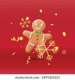 3D Holiday Gingerbread Man Cookie and Confetti. Render Cookie in Shape of Man with Colored Icing. Happy New Year Decoration. Merry Christmas Holiday. New Year Xmas Celebration. Vector illustration