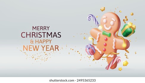 3D Holiday Gingerbread Man Cookie and Confetti. Render Cookie in Shape of Man with Colored Icing. Happy New Year Decoration. Merry Christmas Holiday. New Year Xmas Celebration. Vector illustration