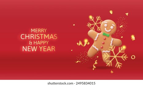 3D Holiday Gingerbread Man Cookie and Confetti. Render Cookie in Shape of Man with Colored Icing. Happy New Year Decoration. Merry Christmas Holiday. New Year Xmas Celebration. Vector illustration