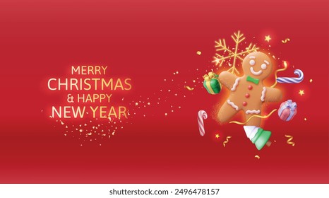 3D Holiday Gingerbread Man Cookie and Confetti. Render Cookie in Shape of Man with Colored Icing. Happy New Year Decoration. Merry Christmas Holiday. New Year Xmas Celebration. Vector illustration