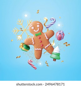 3D Holiday Gingerbread Man Cookie and Confetti. Render Cookie in Shape of Man with Colored Icing. Happy New Year Decoration. Merry Christmas Holiday. New Year Xmas Celebration. Vector illustration