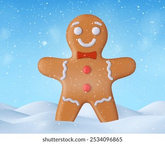 3D Urlaub Lebkuchen Mann Cookie im Schnee. Render Cookie in Winterlandschaft. Frohes neues Jahr Dekoration. 3D-Rendering Vektorgrafik