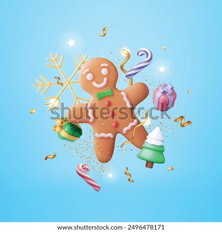 3D Holiday Gingerbread Man Cookie and Confetti. Render Cookie in Shape of Man with Colored Icing. Happy New Year Decoration. Merry Christmas Holiday. New Year Xmas Celebration. Vector illustration