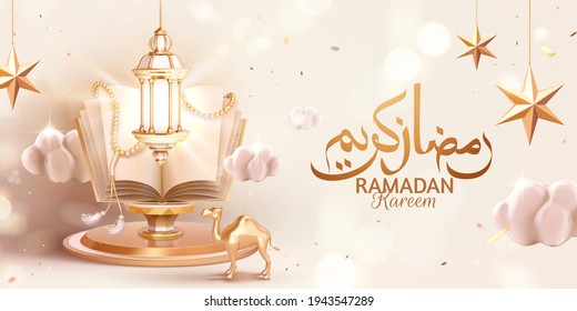 3d holiday greeting banner with glowing arabic lantern and holy book quran over white bokeh background, Arabic calligraphy text Ramadan Kareem for the holy month