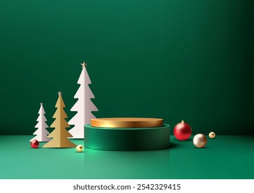 3D holiday mockup with a gold and green podium, festive Christmas trees and ornaments scattered around on a green background. Seasonal product displays, showrooms, and showcases