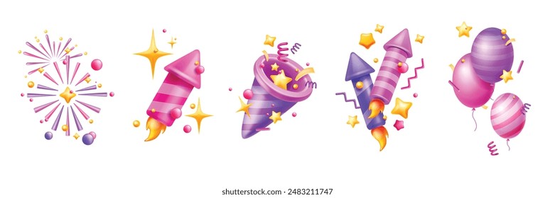 3D holiday party icon set, vector firework explosion, surprise paper popper, festive confetti. Cartoon birthday balloon, greeting falling serpentine, colorful carnival rocket. Party icon collection 