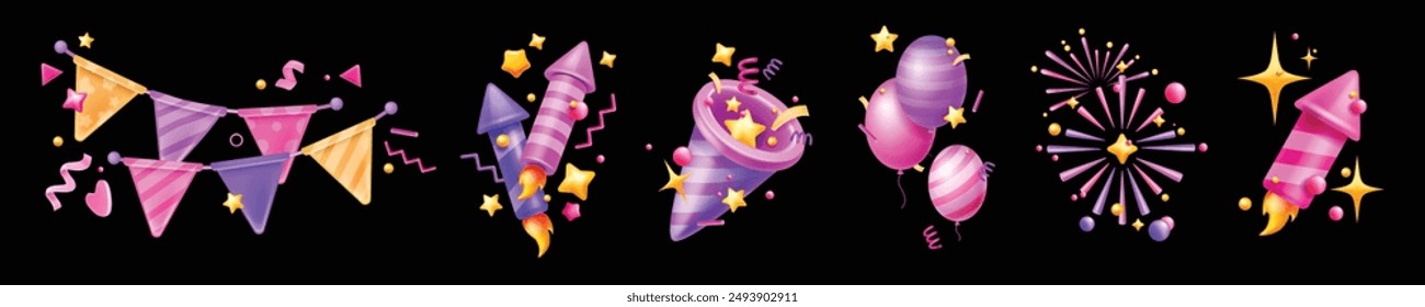 Conjunto de íconos de fiesta 3D, explosión de fuegos artificiales sorpresa, papel de Vector popper confeti festivo, bandera. Globo de cumpleaños de la historieta, saludo que cae la serpentina, cohete del carnaval del regalo. Colección de icono de fiesta 