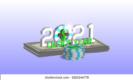 Afiche de 3 días festivos con un paquete de billetes de 100000 dólares con un montón de fichas de casino y la inscripción Año Afortunado 2021. EPS10