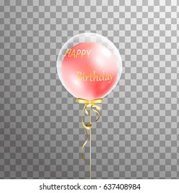 3d holiday white transparent balloon with red balloon inside,  gold bow isolated. Party decorations for birthday. vector illustration