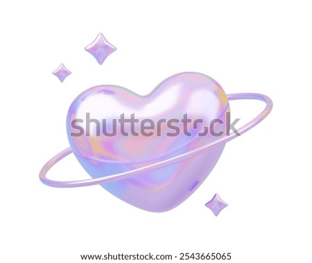 3D holo planetary heart with rings and stars. Galaxy love planet, romantic futuristic shape with chrome elements. Shiny metallic love retro concept. Vector illustration on white background