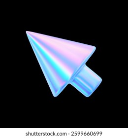 3d hologram arrow cursor icon. Render pointer arrow neon gradient. Navigation pointer crystal texture. Glass holographic mouse cursor. Vector illustration tech design
