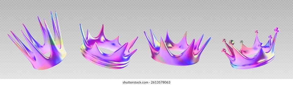 3D hologram crown set - shiny gradient purple and pink metallic colors and spiked points on top. Royal king, queen and princess tiara, majestic luxury jewel, monarchy symbol with iridescent effect.