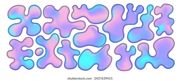 3d hologram liquid abstract organic shapes set. Set y2k holographic fluid vector elements for modern futuristic design. Milting slime blobs. Vector illustration.