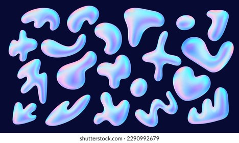 3 quinquies forma abstracta de líquido holograma. Establecer el elemento vector del fluido holográfico y2k para el diseño futurista y2k moderno