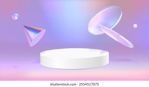 3d hologram podium with abstract pastel background. Pink and purple studio with pedestal for product display. Holographic cosmetic mockup. Realistic minimal space with gradient on showcase backdrop