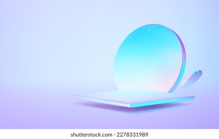 3d hologram podium on holographic background. Fluid holo cylinder and square platform for product presentation. Abctract scene holo shape. Vector illustration