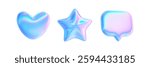 3d hologram shape. Y2k heart, star, speech bubble set icons. Balloon objects blue pink futuristic liquid gradient. Vector trendy holographic illustration