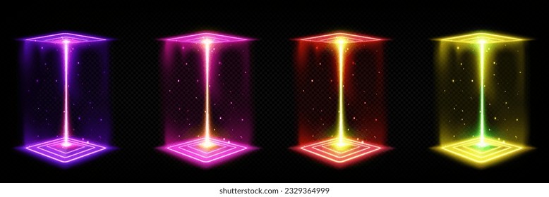 3d hologram square neon light effect game portal. Technology metaverse cube stage frame for scifi teleport concept in pink, yellow, purple and red. Abstract vr interface vector magic hud gate