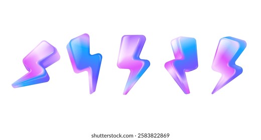 3d hologram thunder. Holographic neon thunders flash lighting icons, y2k design thunderbolt battery energy speed storm symbol electricity danger power, exact vector illustration original artwork