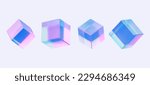 3d holographic abstract cube,crystal blocks with holographic purple color texture. 3d vector illuctration isolated on blue background. 