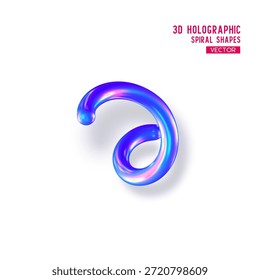 Forma espiral abstracta holográfica 3D. Brillante azul geométrico primitivo con sombra sobre fondo blanco. Diseño de moda iridiscente, efecto de película delgada. Vector.