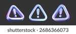 3D holographic alert icon with exclamation mark. Render of triangle holo symbol of hacker attack, AI threat, data protection, spam, privacy, cybersecurity, scam, fraud and digital risk. 3D vector