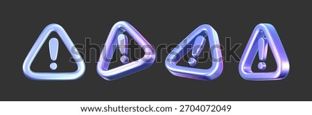 3D holographic alert icon with exclamation mark. Render of triangle holo symbol of hacker attack, AI threat, data protection, spam, privacy, cybersecurity, scam, fraud and digital risk. 3D vector