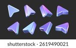 3D holographic arrow cursor icon set with a neon gradient, isolated on a dark background. Render of iridescent arrow for interfaces, tech navigation, mouse clicks, location search. 3d vector icon