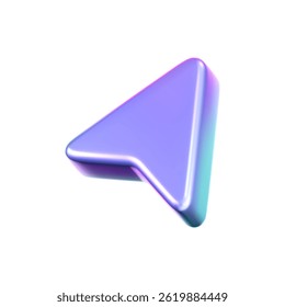3D holografische pijlcursor pictogram met een neon verloop, geïsoleerd op een witte achtergrond. Render van iriserende pijl voor interfaces, technische navigatie, muisklikken, locatiezoeken. 3D-vectorpictogram