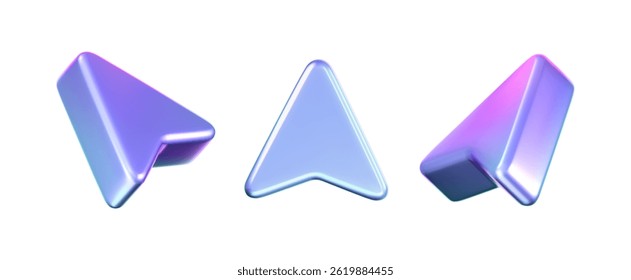 3D holographic arrow cursor icon set with a neon gradient, isolated on a white background. Render of iridescent arrow for interfaces, tech navigation, mouse clicks, location search. 3d vector icon