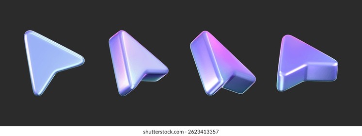 Ícone de cursor de seta holográfica 3D definido com um gradiente de néon, isolado em um fundo escuro. Renderização de seta iridescente para interfaces, navegação técnica, cliques do mouse, pesquisa de localização. ícone de vetor 3d