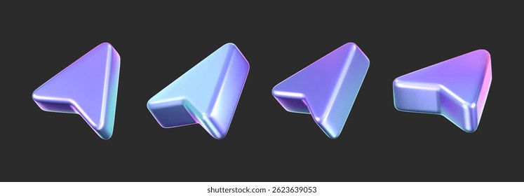 3D holographic arrow cursor icon set with a neon gradient, isolated on a dark background. Render of iridescent arrow for interfaces, tech navigation, mouse clicks, location search. 3d vector icon