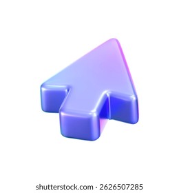 3D holographic arrow cursor icon with a neon gradient, isolated on a white background. Render of iridescent arrow for interfaces, tech navigation, mouse clicks, location search. 3d vector icon