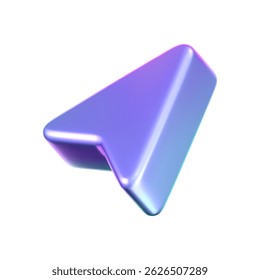 Ícone de cursor de seta holográfica 3D com um gradiente de néon, isolado em um fundo branco. Renderização de seta iridescente para interfaces, navegação técnica, cliques do mouse, pesquisa de localização. ícone de vetor 3d