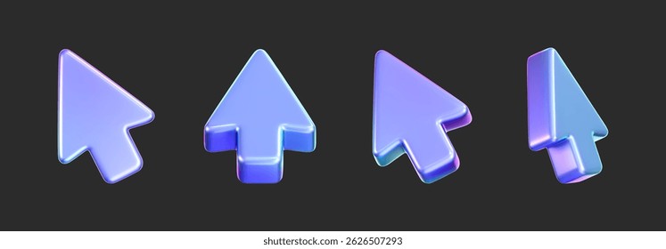 Ícone de cursor de seta holográfica 3D definido com um gradiente de néon, isolado em um fundo escuro. Renderização de seta iridescente para interfaces, navegação técnica, cliques do mouse, pesquisa de localização. ícone de vetor 3d