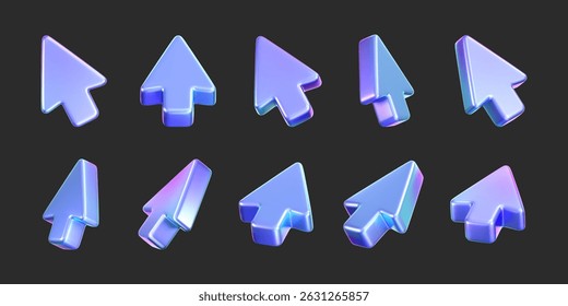 Ícone de cursor de seta holográfica 3D definido com um gradiente de néon, isolado em um fundo escuro. Renderização de seta iridescente para interfaces, navegação técnica, cliques do mouse, pesquisa de localização. ícone de vetor 3d
