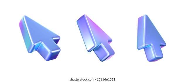 3D holographic arrow cursor icon set with a neon gradient, isolated on a white background. Render of iridescent arrow for interfaces, tech navigation, mouse clicks, location search. 3d vector icon