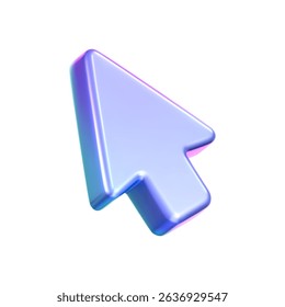 3D holographic arrow cursor icon with a neon gradient, isolated on a white background. Render of iridescent arrow for interfaces, tech navigation, mouse clicks, location search. 3d vector icon