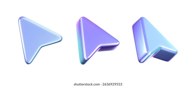3D holographic arrow cursor icon set with a neon gradient, isolated on a white background. Render of iridescent arrow for interfaces, tech navigation, mouse clicks, location search. 3d vector icon