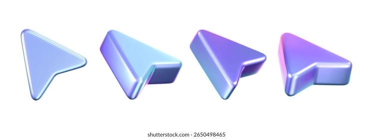 3D holographic arrow cursor icon set with a neon gradient, isolated on a white background. Render of iridescent arrow for interfaces, tech navigation, mouse clicks, location search. 3d vector icon