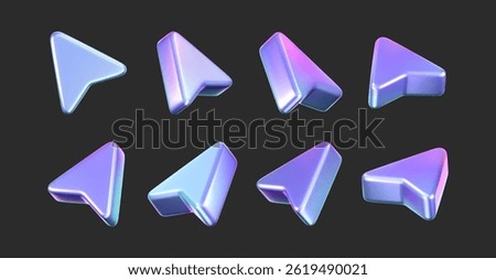 3D holographic arrow cursor icon set with a neon gradient, isolated on a dark background. Render of iridescent arrow for interfaces, tech navigation, mouse clicks, location search. 3d vector icon