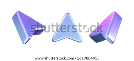 3D holographic arrow cursor icon set with a neon gradient, isolated on a white background. Render of iridescent arrow for interfaces, tech navigation, mouse clicks, location search. 3d vector icon