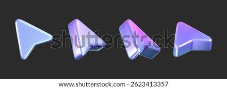 3D holographic arrow cursor icon set with a neon gradient, isolated on a dark background. Render of iridescent arrow for interfaces, tech navigation, mouse clicks, location search. 3d vector icon