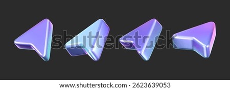 3D holographic arrow cursor icon set with a neon gradient, isolated on a dark background. Render of iridescent arrow for interfaces, tech navigation, mouse clicks, location search. 3d vector icon