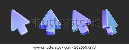 3D holographic arrow cursor icon set with a neon gradient, isolated on a dark background. Render of iridescent arrow for interfaces, tech navigation, mouse clicks, location search. 3d vector icon