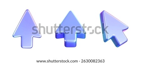 3D holographic arrow cursor icon set with a neon gradient, isolated on a white background. Render of iridescent arrow for interfaces, tech navigation, mouse clicks, location search. 3d vector icon