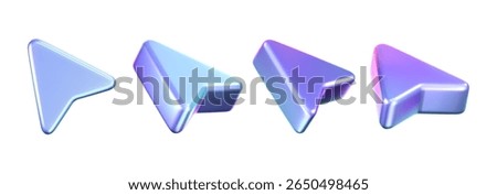 3D holographic arrow cursor icon set with a neon gradient, isolated on a white background. Render of iridescent arrow for interfaces, tech navigation, mouse clicks, location search. 3d vector icon