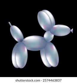 3d holographic Balloon dog. Chrome Helium Balloon in the shape of a puppy in realistic 3d cartoon style. Vector illustration Isolated on a transparent background. Metallic sculpture render toys.