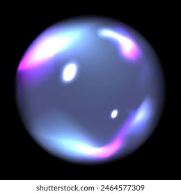 3D Holographic Bubble isolated black background. 3D Transparent Chrome water drop. Realistic vector Bubble